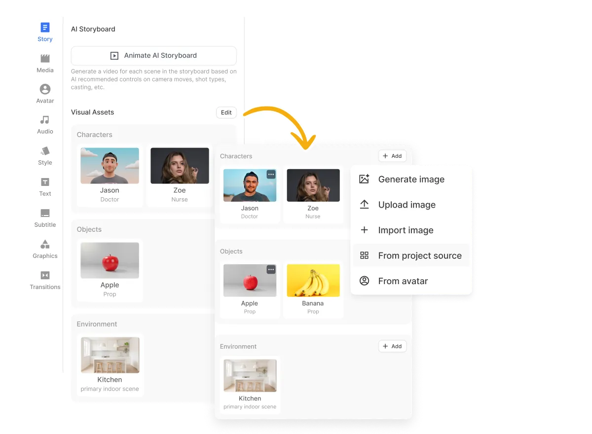 Consistent characters, objects, and environments across scenes created with the AI Storyboard Generator